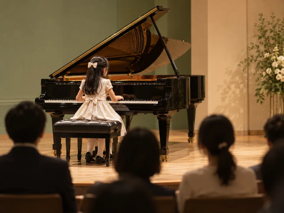 小さなホールで、後ろ姿の子どもがグランドピアノを演奏し、客席が見守る生成画像