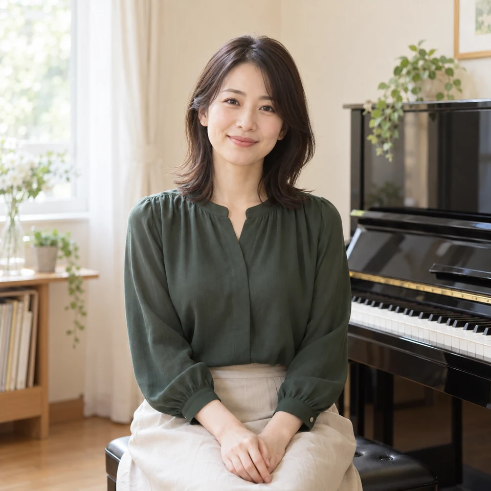 緑のブラウスを着た女性のピアノ講師が、教室で穏やかにほほえむ生成ポートレート